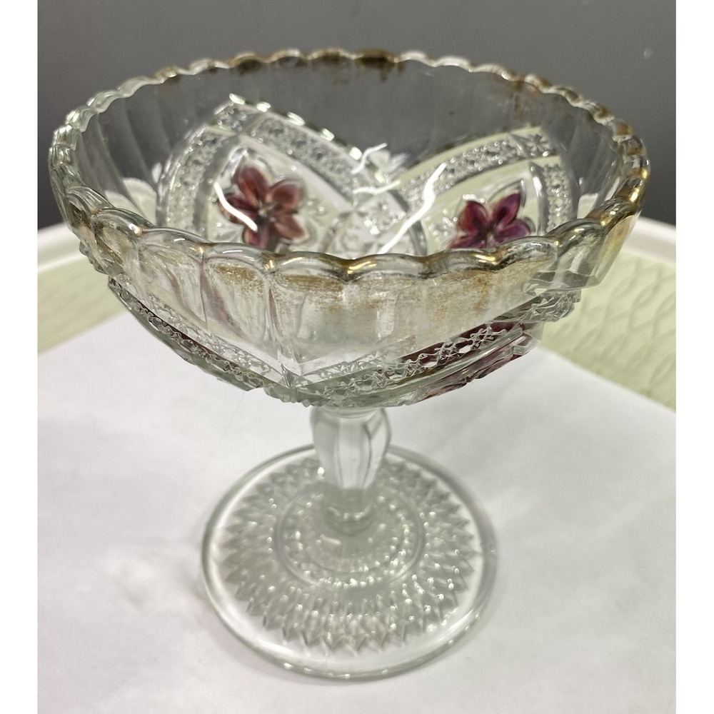 Vintage Purple Hand Painted Candy Dish/Glass Bowl Gold Accent 5" Tall 4 1/2" W